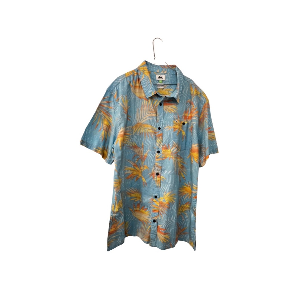 Quiksilver Men's Blue and Orange Leaf Print Shirt